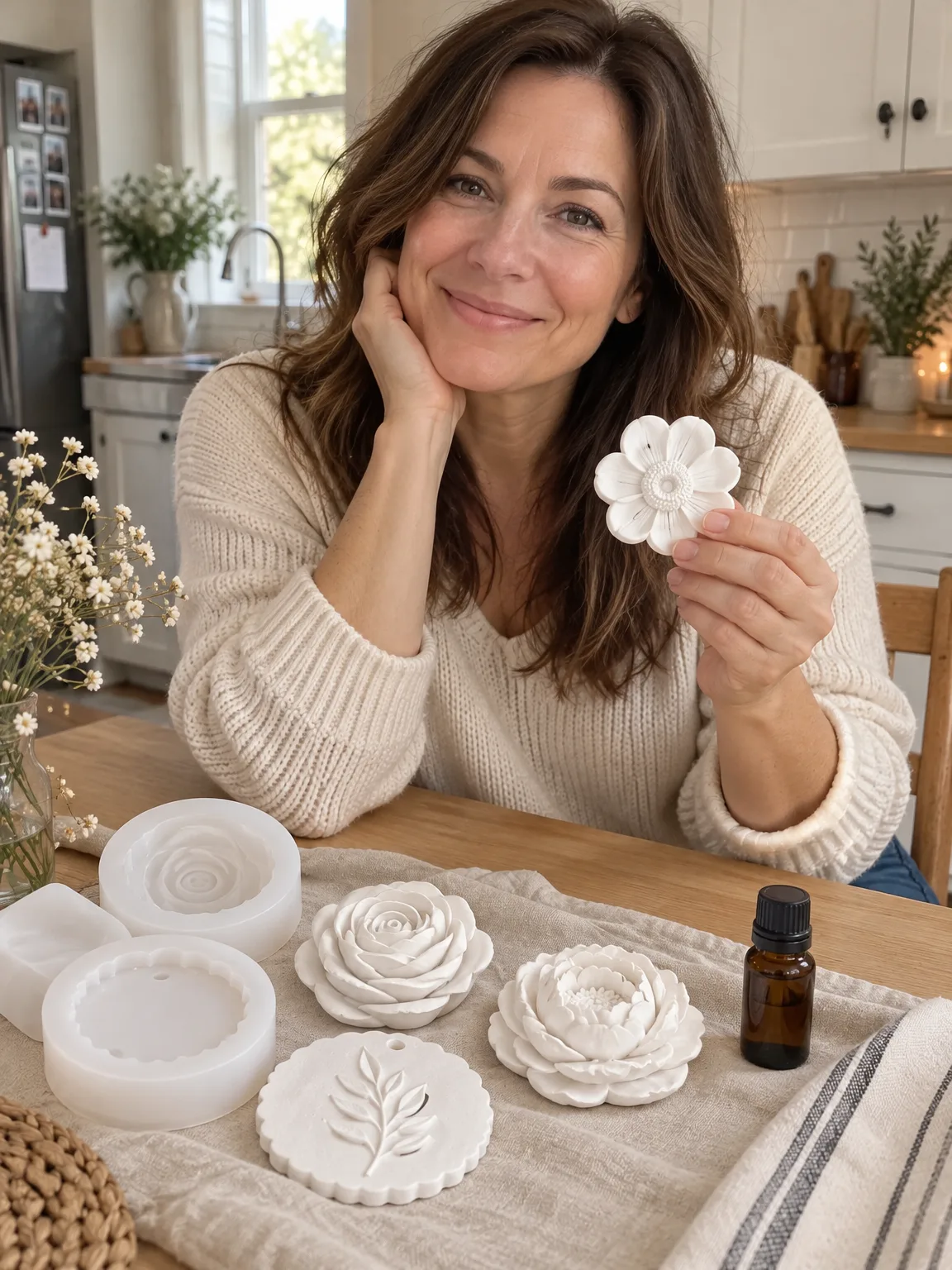 A maker working at her kitchen table
